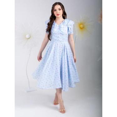 Imagem de Vestido feminino Midi com babado Rodado Florido - Fashion, Azul bebê, 