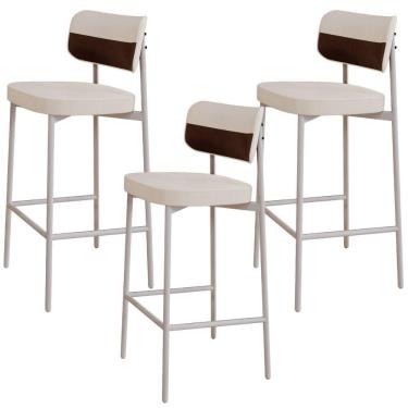 Imagem de Kit 03 Banquetas Alta Bar Cozinha Sala De Jantar Aço Branco Kaira C01 Linho Palha Courino Whisky - Lyam Decor