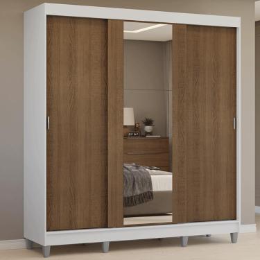 Imagem de Guarda-roupa Casal Com Pés 3 Portas De Correr Com Espelho Branco Rustic Reno Madesa