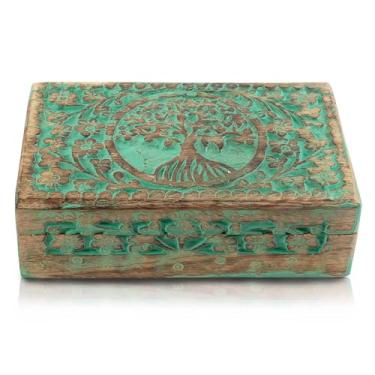 Imagem de The Great Indian Bazaar Organizador de joias de madeira decorativo feito à mão com árvore da vida – caixa de lembrança, porta-bugigangas, caixa de cadeado – presentes de 20 x 12 cm para ela (verde)