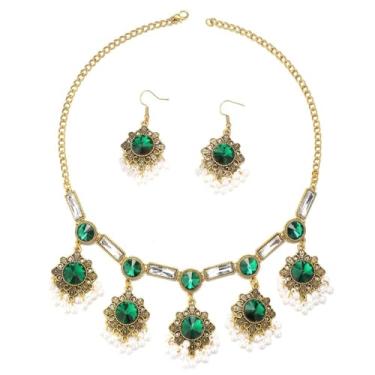 Imagem de Vintage étnico cristal filigrana flor pingente gota gancho declaração brinco simulado pérola contas borla corrente gargantilha ajustável para mulheres boho indiano oxidado tradicional Bollywood