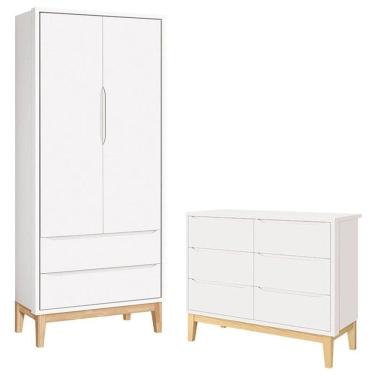 Imagem de Cômoda 6 Gavetas E Guarda Roupa 2 Portas New Classic Branco Com Pés Madeira Natural- Reller
