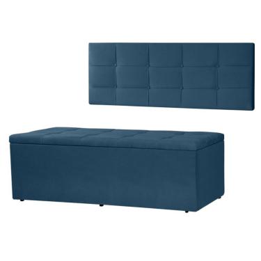 Imagem de Kit Cabeceira Painel E Calçadeira Baú Casal Queen 1,60m Roma Suede Azul Marinho Dal Poz Estofados