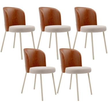 Imagem de Kit 5 Cadeiras Sala De Jantar Estofada Gavi Arena L02 Couríssimo Camel Bouclê Creme Lyam Decor