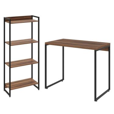 Imagem de Kit Para Escritório Estante 4 Prateleiras Mesa 90Cm Nogal
