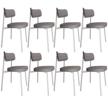 Imagem de Kit 08 Cadeiras Estofada Para Sala De Jantar Astrid Branco C01 Linho Cinza - Lyam Decor