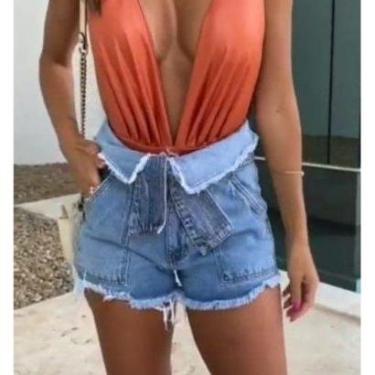 Imagem de Short Feminino Jeans Cós Alto Virado Pesponto Linear-Masculino