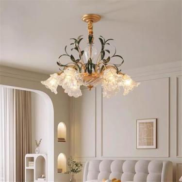 Imagem de Lustre Americano Pastoral com Criatividade Francesa e Flores para Sala de Estar, Sala de Jantar, Quarto, Escritório, Casa de Campo ou Escada - Luminária Pendente LED (B 6 Lâmpadas)