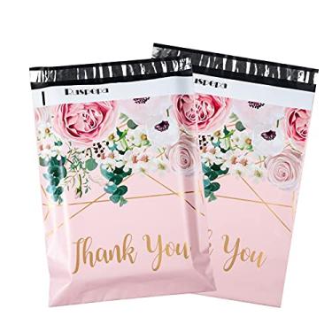 Imagem de RUSPEPA Sacos de envio Poly Mailers Notas de agradecimento Flores cercadas 3 Mil Envelopes de envio com autovedação resistente - Rosa, 30,4 x 39,4 cm, pacote com 50