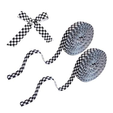 Imagem de 2 rolos de fita xadrez preta e branca, tema de carro de corrida, fita xadrez de búfalo de gorgorão preto para embrulho de presente, 1 cm de largura x 10 metros/rolo, embrulho de fitas para artesanato