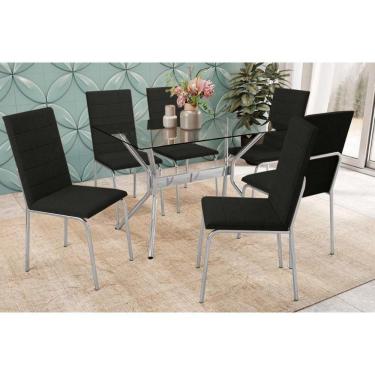 Imagem de Sala De Jantar Completa Loire Tampo De Vidro 120x80cm E 6 Cadeiras Amsterdã Cromada - Preto - Kappesberg