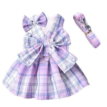 Imagem de JAAQUCD Conjunto de arnês e coleira xadrez para cães com acessórios de gravata borboleta, roupas de cachorrinho para cães pequenos, meninas, gato, roupa de verão, respirável, saia de princesa para