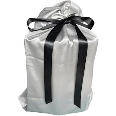 Imagem de Caylee's Creations Saco de presente de cetim reutilizável com fita e etiquetas (prata com fita preta - extragrande 99 cm x 70 cm)