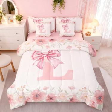 Imagem de Conjunto de cama G com monograma rosa, lindo laço e laço em uma bolsa, tamanho solteiro para decoração de quarto de meninas, crianças, adolescentes, floral, rosa, estilo fresco, conjunto com lençóis