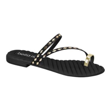 Imagem de Sandália Rasteira Feminina Beira Rio – Dedo com Detalhe Anel Dourado, Confortável, Leve e Moderna (Preto, BR, Adulto, Numérico, 35)