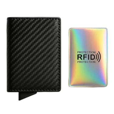 Imagem de Carteira Anti Furto RFID Pop Up Slim Masculina com Bloqueio de Aproximação NFC Ejetora de Cartões Porta Notas Compacta Design Premium com Porta Cartão RFID Extra para Proteção de Dados