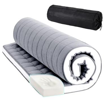 Imagem de Tiita Colchão japonês futon colchão de 10 cm de espessura dobrável almofada de dormir com bolsa e alça, tapete de cama para hóspedes, espreguiçadeira e tabela, cinza, tamanho casal