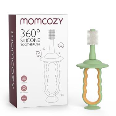 Imagem de Momcozy Escova de dentes para bebês, escova de dentes infantil de 1 a 2 anos, escova de dentes para bebês de 6 a 12 meses ou mais, limpador de língua, verde