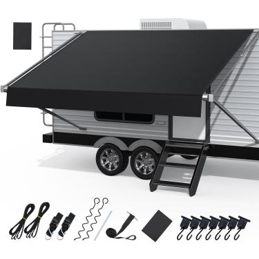 Imagem de Fonzier Substituição De Tecido Para Toldo Rv, Material Reforçado 19 Oz Com Kits Amarração E 7 Ganchos, Cobertura Vinil Área Externa Trailer Motorhome - 12' (Tecido 11'2"), Preto