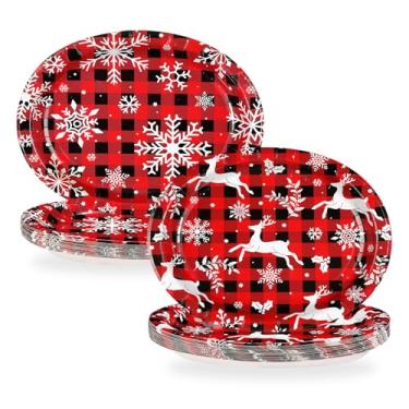 Imagem de 50 peças de pratos ovais de Natal, 25,4 x 30,5 cm, grandes, resistentes, Natal, inverno, floco de neve, rena, sobremesa, vermelho, preto, búfalo, xadrez, alce, pratos descartáveis para artigos de