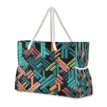Imagem de Wassud Bolsa de praia geométrica abstrata grande bolsa de praia para mulheres, impermeável, à prova de areia, bolsa de viagem com zíper e bolso para piscina, academia, acampamento