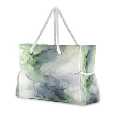 Imagem de Wassud Bolsa de praia verde claro mármore grande bolsa de praia para mulheres, impermeável, à prova de areia, bolsa de viagem com zíper e bolso para piscina academia acampamento