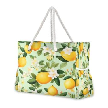 Imagem de Wassud Bolsa de praia feminina grande com limão e flowe, impermeável, à prova de areia, bolsa de viagem com zíper e bolso para piscina, academia, acampamento