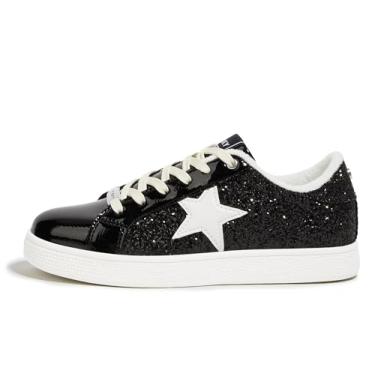 Imagem de LUCKY STEP Tênis Star Fashion Feminino Cadarço Cano Baixo Confortável Amortecido para Caminhada (Glitter Preto, 9US-39BR-26MX)