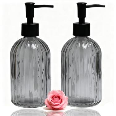 Imagem de Conjunto dispensador de sabão de vidro cinza com bomba preta, dispensador de sabonete líquido recarregável de 382 g, decoração de casa moderna, banheiro, bancada de cozinha, hotel (pacote com 2)