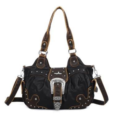 Imagem de Angel Kiss Hobo Bolsas femininas de couro vegano, bolsas de ombro chiques, bolsas transversais com tachas de metal, Café/Marrom