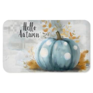 Imagem de Tapete antifadiga de abóbora azul Hello Autumn, ergonômico acolchoado para cozinha e tapete de pé com suporte antiderrapante, tapete confortável ecológico, design da Creative Studio, 76 cm x 45 cm