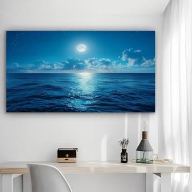 Imagem de Arte de parede em tela rústica oceano iluminado pela lua - Pôster sem moldura de 30 x 61 cm - Decoração de casa e escritório para sala de estar, quarto, cozinha e café