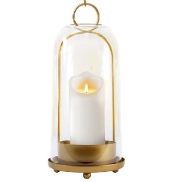 Imagem de Suporte de vela de vidro Hurricane, lanternas grandes de latão, castiçal de furacão para velas vintage, decoração de casa de fazenda rústica de metal dourado com correntes de gancho