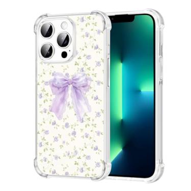 Imagem de Vulfwela Capa para iPhone 13 Pro de 6,1 polegadas com laço roxo, elegante estampa de flores bordadas, capa de telefone transparente para mulheres e meninas, antiamarelamento, antiqueda, à prova de