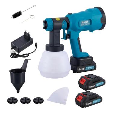 Imagem de Hanabi Pistola de Pintura Bateria 21V 2.0AH Portáti Pistola de Pintura Elétrica Sem Fio 960W 1000ml Pulverizador de Tinta 2 Baterias 4 Bicos Ajustáveis de Tinta Spray para Móveis Paredes Metais