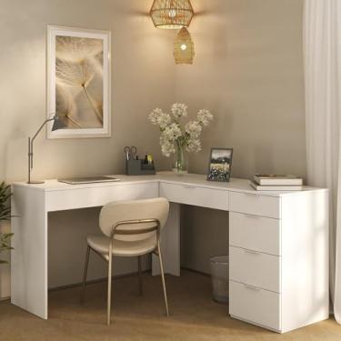 Imagem de Escrivaninha em L com 5 Gavetas Mesa Escritório Branco