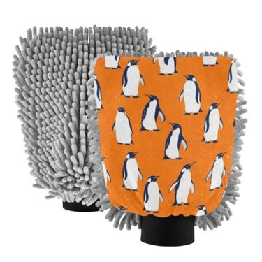 Imagem de Luvas de lavagem de carro laranja pinguins desenhos animados microfibra chenille, 2PK luvas de lavagem de carro para caminhões e SUVs, tamanho grande 20 x 29 cm