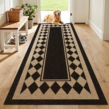 Imagem de JROSING Tapete de juta lavável quadriculado fácil 5 x 15 cm, preto quadriculado geométrico, para ambientes externos, ambientes internos e externos, tecido antiderrapante, fino, neutro, longo, tapete