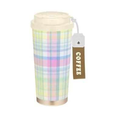 Imagem de TSENQUE Caneca de café de viagem xadrez suave e colorida, rosa, 40 ml com canudo e tampa, copo de parede dupla isolado a vácuo com revestimento cerâmico para escritório, escola, festa, acampamento