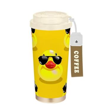 Imagem de TSENQUE Caneca de café de viagem 16+ Oz, copo de café com revestimento cerâmico com canudo e tampa, copo isolado a vácuo de aço inoxidável, desenho animado engraçado de patos amarelos