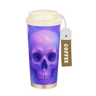 Imagem de TSENQUE Caneca de café de viagem 16+ Oz, copo de café com revestimento cerâmico com canudo e tampa, copo isolado a vácuo de aço inoxidável, asas de anjo de caveira surreal, roxo