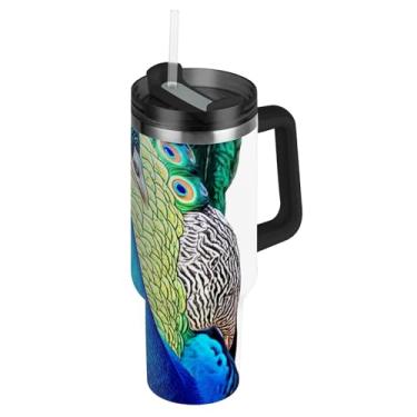 Imagem de Copos elegantes com estampa de pavão azul com tampa e canudos Copo fofo rosa com alça Garrafa de água isolada de 1,134 g Caneca de café quente de aço inoxidável para carro