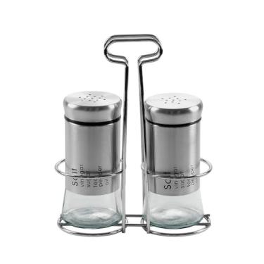 Imagem de Conjunto Saleiro e Pimenteiro em Vidro com Suporte Galheteiro – Elegância e Praticidade à Mesa