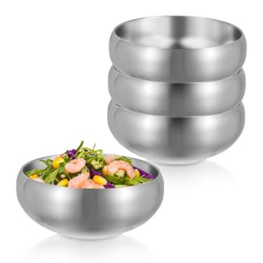 Imagem de Roucerlin Tigela de sopa de aço inoxidável prata de 4 peças, 14 x 6 cm, 468 ml, paredes duplas, para sorvete, arroz, lanche, sobremesa, salada, cozinha, comer, servir