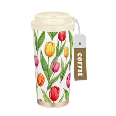 Imagem de TSENQUE Caneca de café de viagem de 473 ml com tampa de canudo e filp, copo de café de aço inoxidável isolado a vácuo à prova de vazamento, aquarela vibrante tulipas rosa