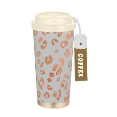 Imagem de TSENQUE Caneca de café de viagem 16+ Oz, copo de café com revestimento cerâmico com canudo e tampa, copo isolado a vácuo de aço inoxidável, manchas de leopardo ouro rosa branco