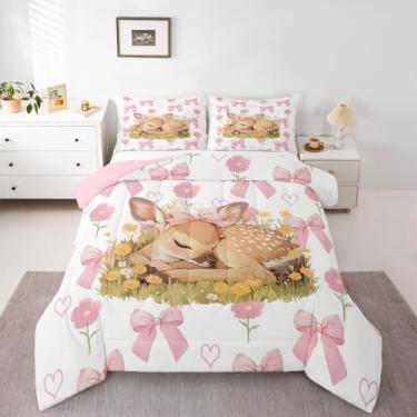 Imagem de Erosebridal Conjunto de cama solteiro com laço rosa, animais de cervo, fofos, coquete, fita rosa, laço e laço para crianças, adolescentes, mulheres, quarto, floral, amor, edredom