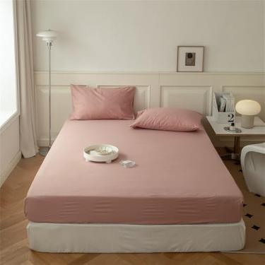 Imagem de Protetor de colchão em algodão lavado com elástico, cor sólida, macio e confortável, para camas tamanho Queen e King, 4 polegadas (150 x 200 x 25 cm), 1 peça.