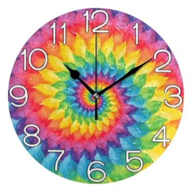 Imagem de Relógio de parede analógico decorativo para sala de aula, escritório, operado por bateria, silencioso, sala de estar, decoração de parede, abstrato, arco-íris, amarelo, roxo, 25 cm, ponteiros pretos