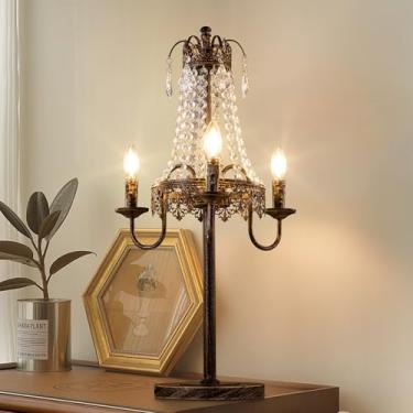 Imagem de TOCHIC Abajur de mesa de cristal para sala de estar, luminária de mesa de cabeceira com 3 luzes para quarto, luminária noturna com controle regulável de bronze antigo de 76 cm de altura, luminária de